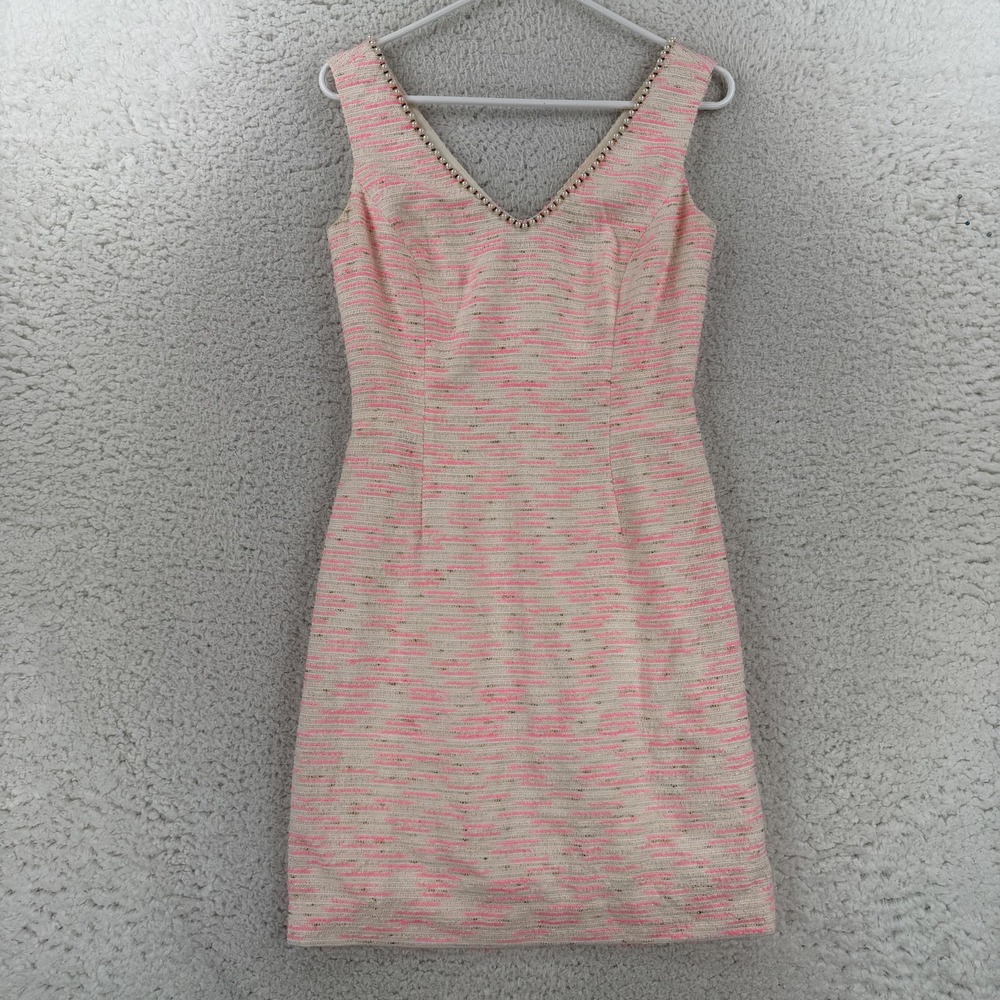 Lilly Pulitzer Laidley Dress Womens 2 Pink Striped Beaded V Neck Sheath Boucle